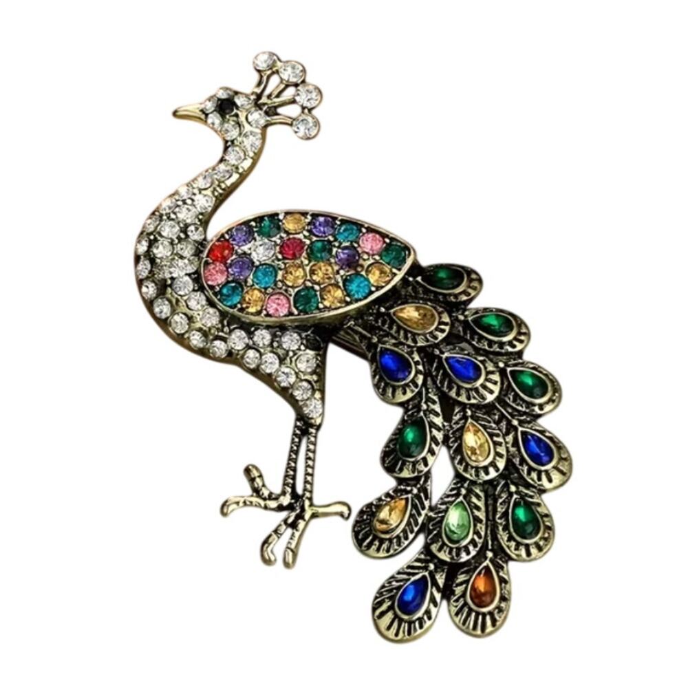 Vintage Inspired Multicolor Rhinestone Peacock Gold Tone Brooch Pin
